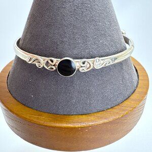 VTG Sterling Silver 925 Black Onyx Scroll Design Bangle Bracelet Size 7.5" Fit